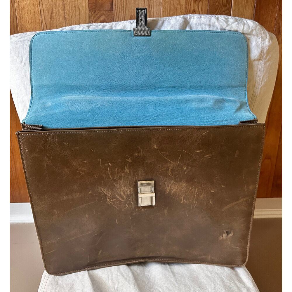 PIQUADRO Brown Leather High-Tech Classic Doctor Briefcase blue trim used scuffs